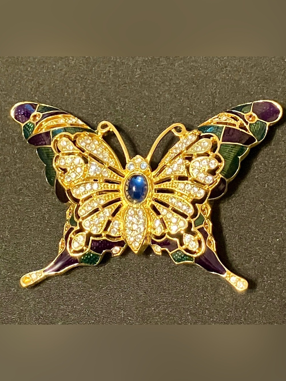 Edgar Berebi Signed Butterfly Brooch, Gold Tone, Enamel & Rhinestone